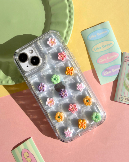 a clear bubble phone case decorated with cute floral charms