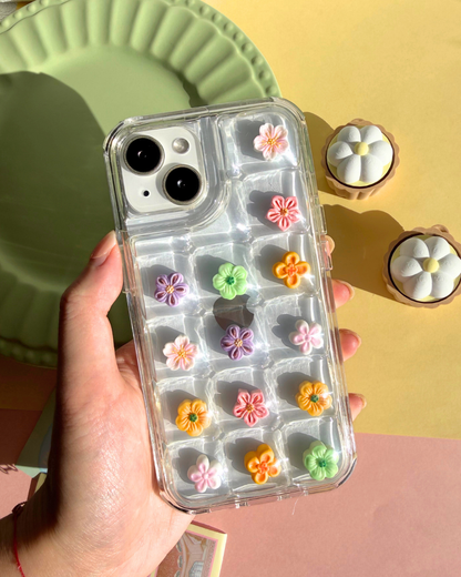 a clear bubble phone case decorated with cute flower charms